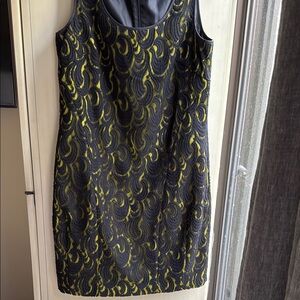 DKNY Elegant Black and Yellow lace with green liners Patterned Dress